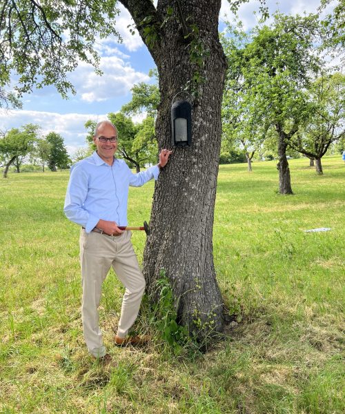 Dr. Kuhn hilft beim Aufhängen eines Nistkasten.